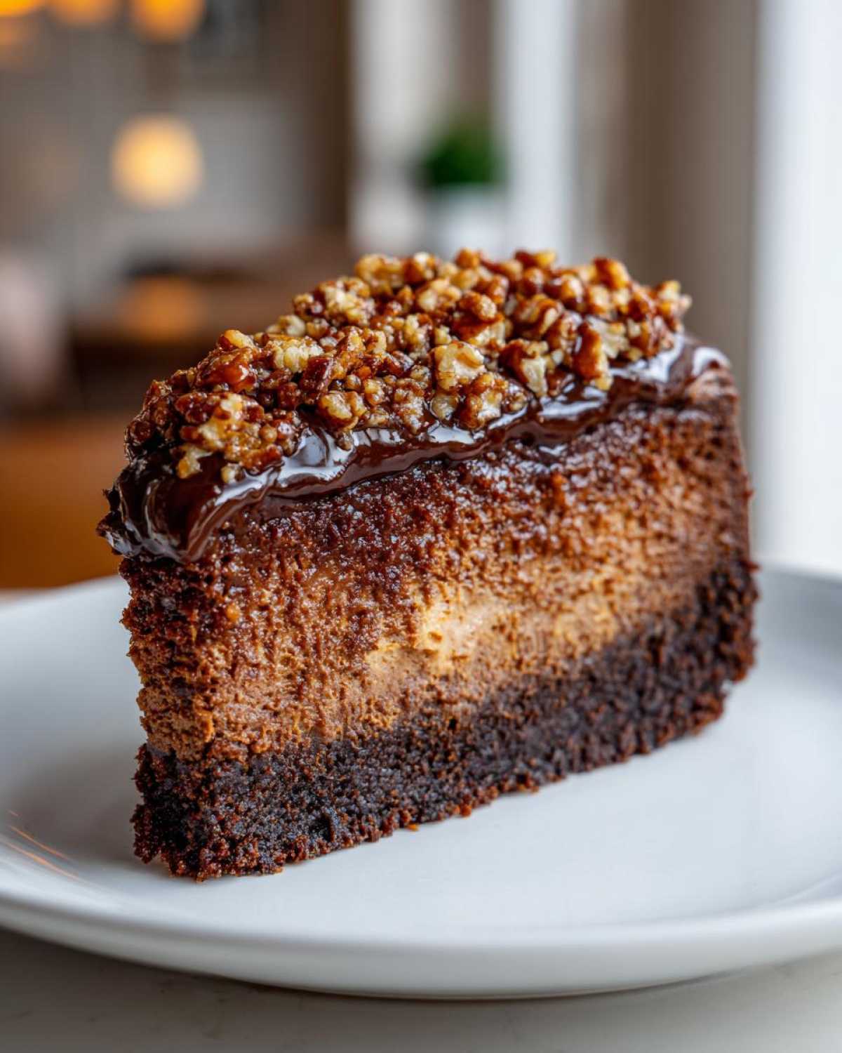 A rich slice of german chocolate cheesecake with a dark chocolate crust and pecan topping.
