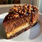 A rich slice of german chocolate cheesecake showing layers of dark crust, light filling, chocolate mousse, and topped with caramel and toasted pecans.