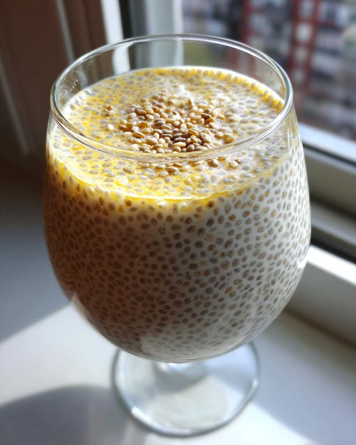 Close-up of chia seed pudding in a stemmed glass, showing swollen chia seeds in milk and topped with extra seeds.