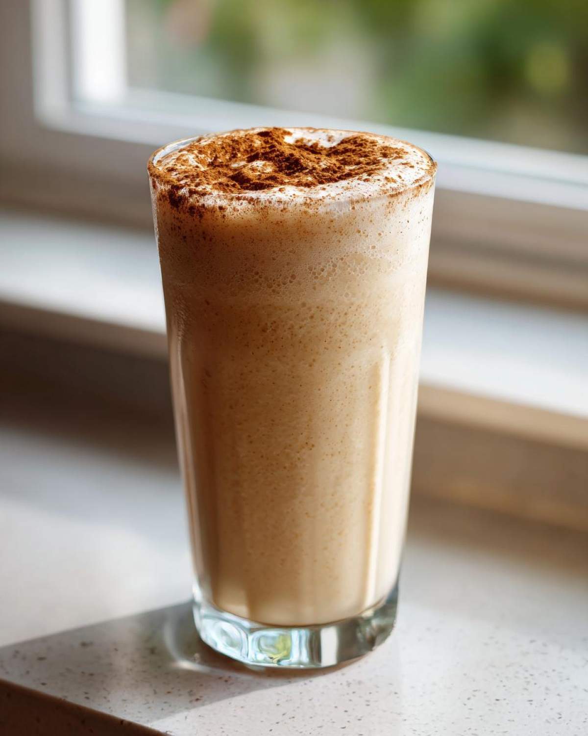 A tall glass filled with creamy, frothy coquito topped generously with ground cinnamon, set near a window.