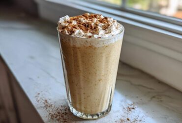 A tall glass filled with creamy, spiced coquito topped with whipped cream and a dusting of cinnamon.
