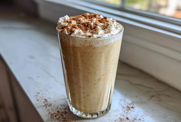 A tall glass filled with creamy, spiced coquito topped with whipped cream and a dusting of cinnamon.