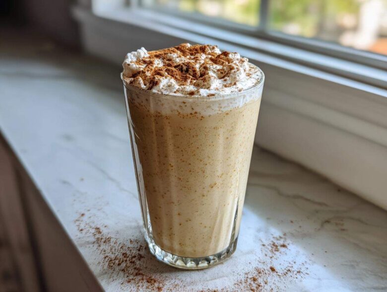 A tall glass filled with creamy, spiced coquito topped with whipped cream and a dusting of cinnamon.