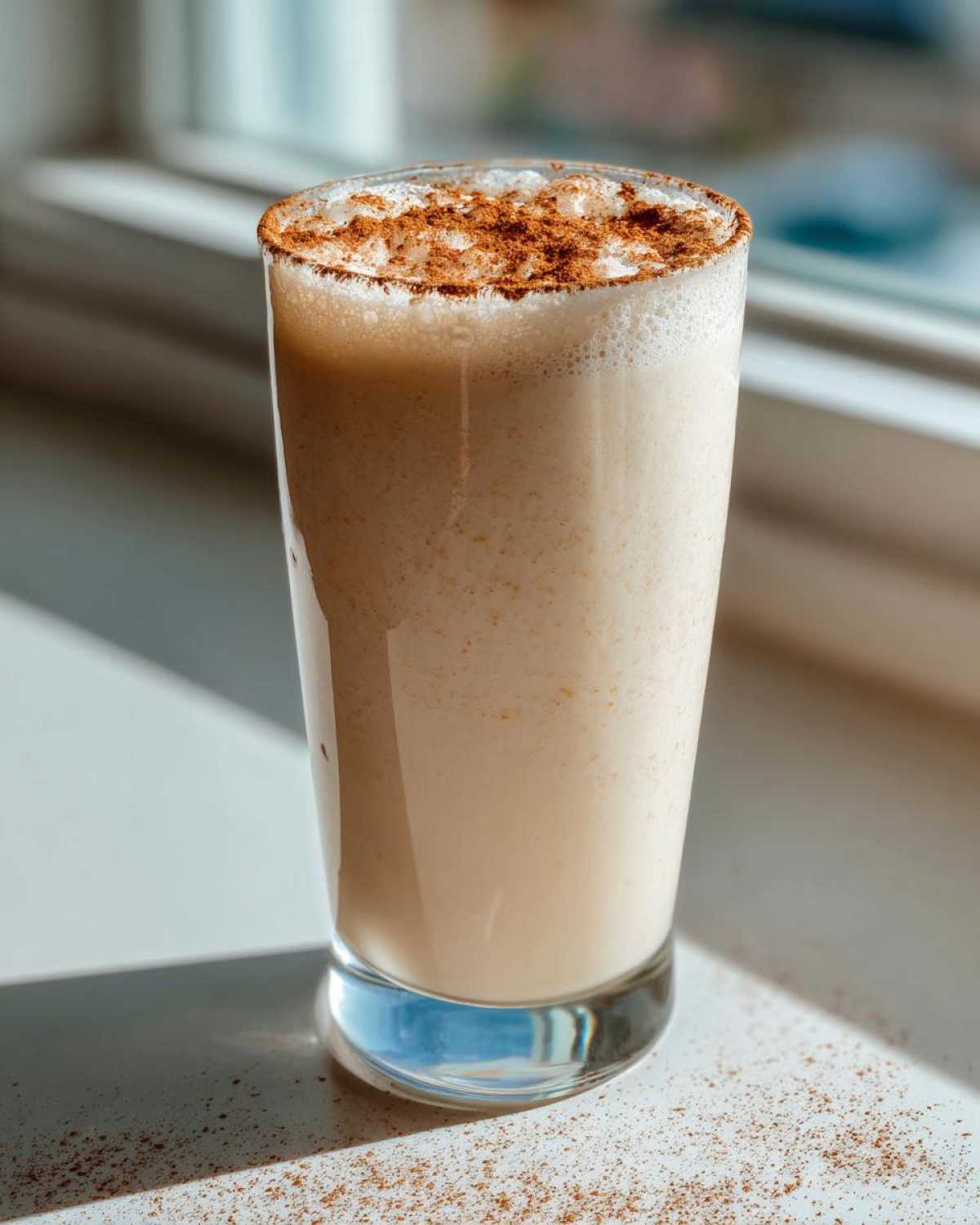 A tall glass of creamy, light brown coquito topped with a generous dusting of ground cinnamon.