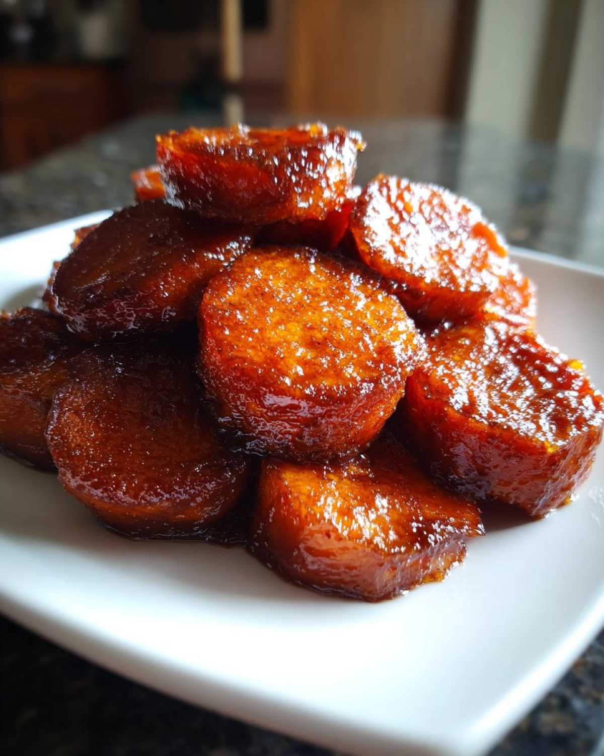 A close-up shot of several thick, round candied sweet potatoes piled on a white square plate, glistening with dark brown glaze.