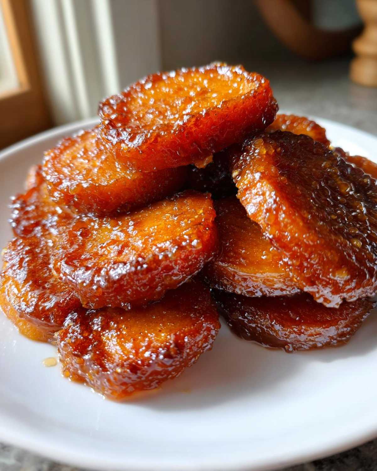 A stack of glistening, caramelized candied sweet potatoes slices piled on a white plate.