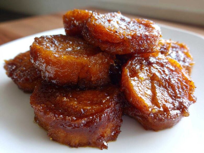 A close-up stack of glistening, caramelized candied sweet potatoes on a white plate.