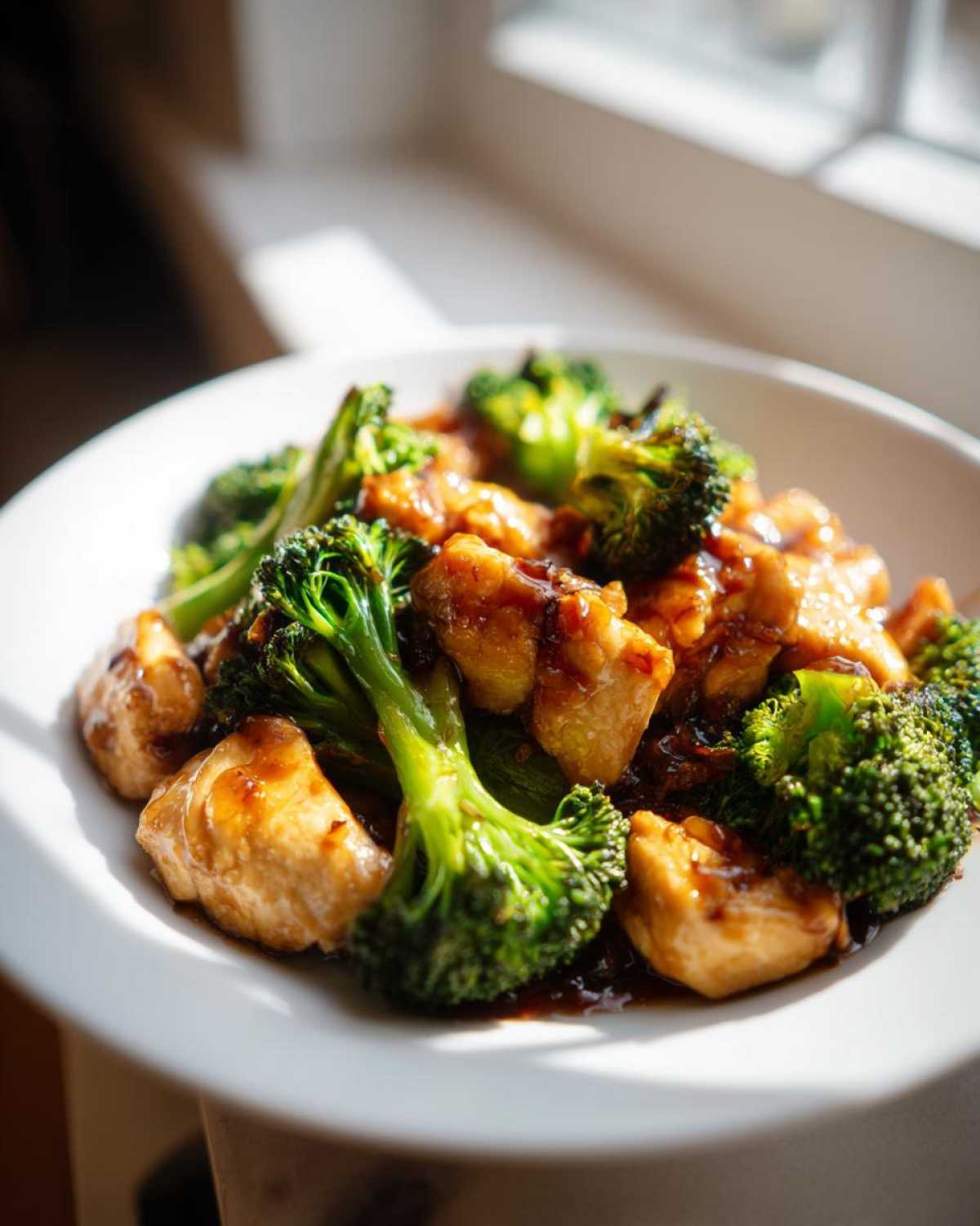 A close-up of a white bowl filled with glossy, saucy chicken and bright green broccoli florets, a perfect chicken and broccoli dish.