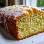 A close-up of a freshly baked lemon zucchini bread loaf topped with white glaze and lemon zest.