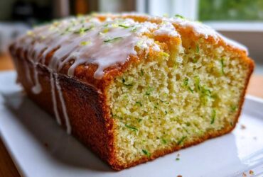 A close-up of a freshly baked lemon zucchini bread loaf topped with white glaze and lemon zest.