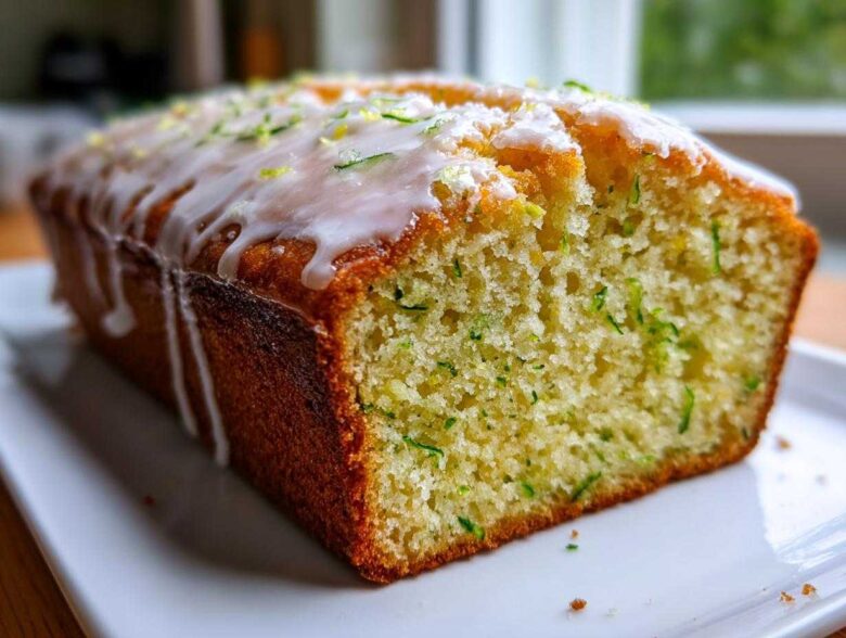 A close-up of a freshly baked lemon zucchini bread loaf topped with white glaze and lemon zest.