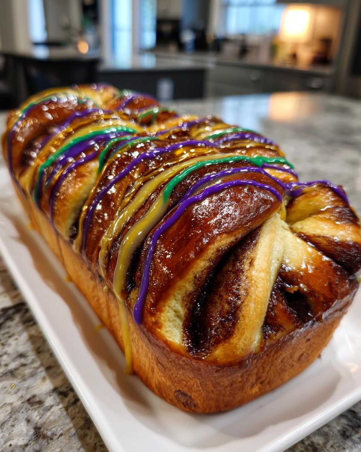 A freshly baked, glazed loaf-style king cake drizzled with purple, green, and yellow icing.
