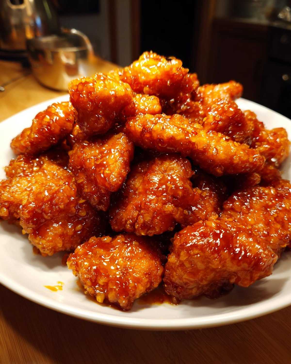 A close-up of crispy, saucy pieces of orange chicken recipe piled high on a white plate.