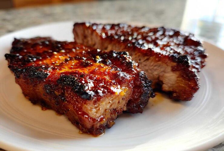 Close-up of two thick, caramelized pork steak pieces with a glossy, dark glaze on a white plate.