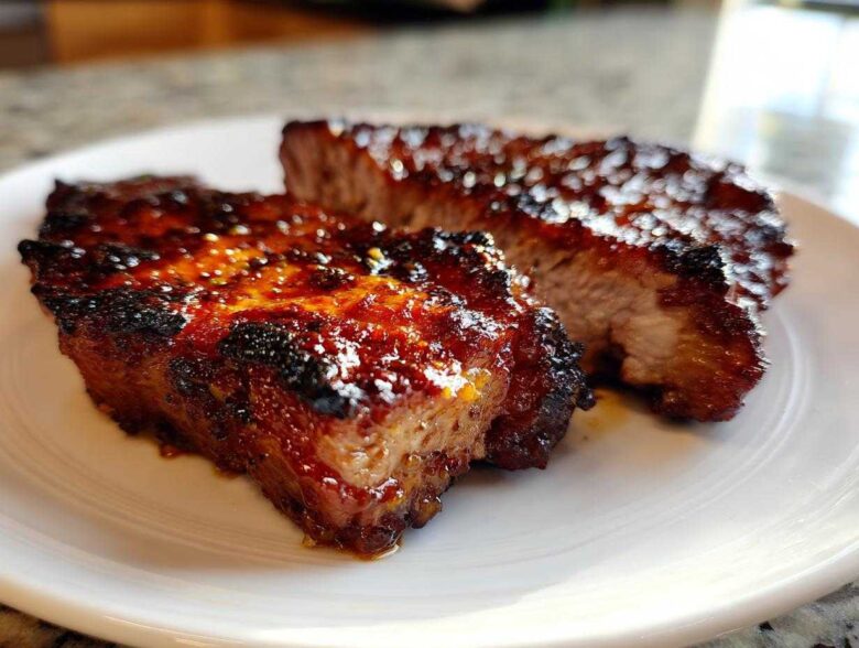 Close-up of two thick, caramelized pork steak pieces with a glossy, dark glaze on a white plate.
