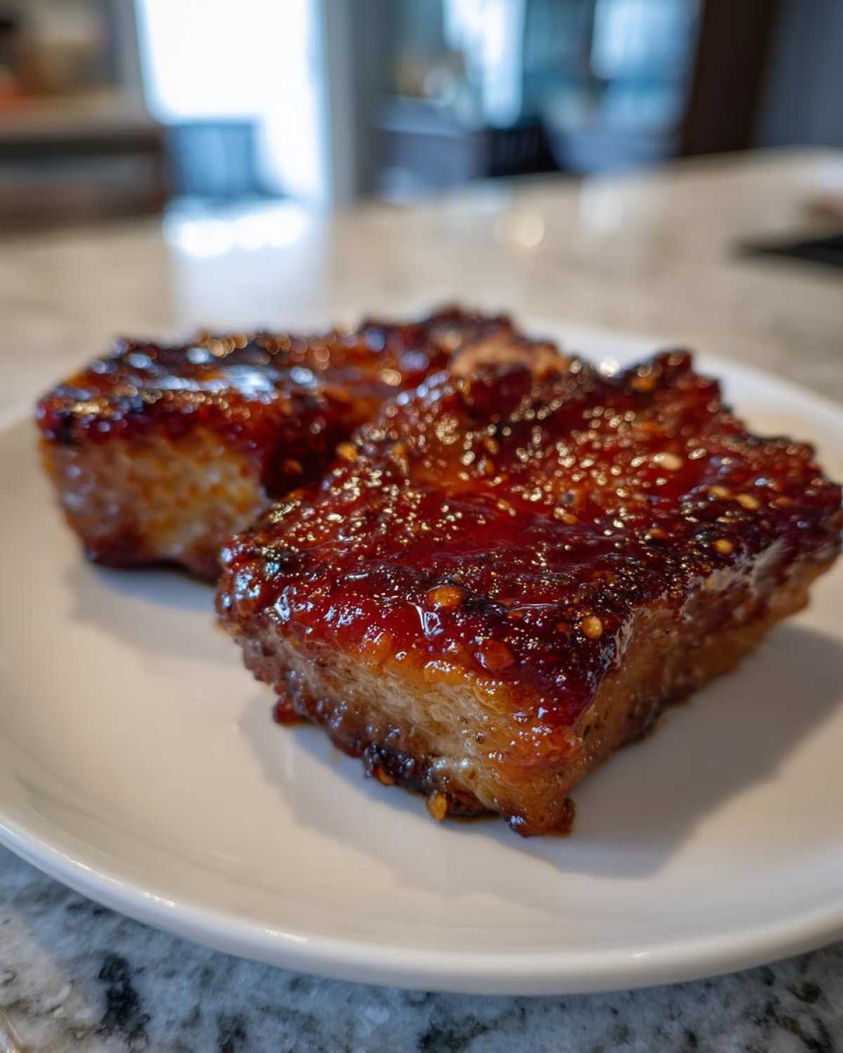 Close-up of thick, glazed pork steak pieces coated in a shiny, dark red sauce with visible sesame seeds.