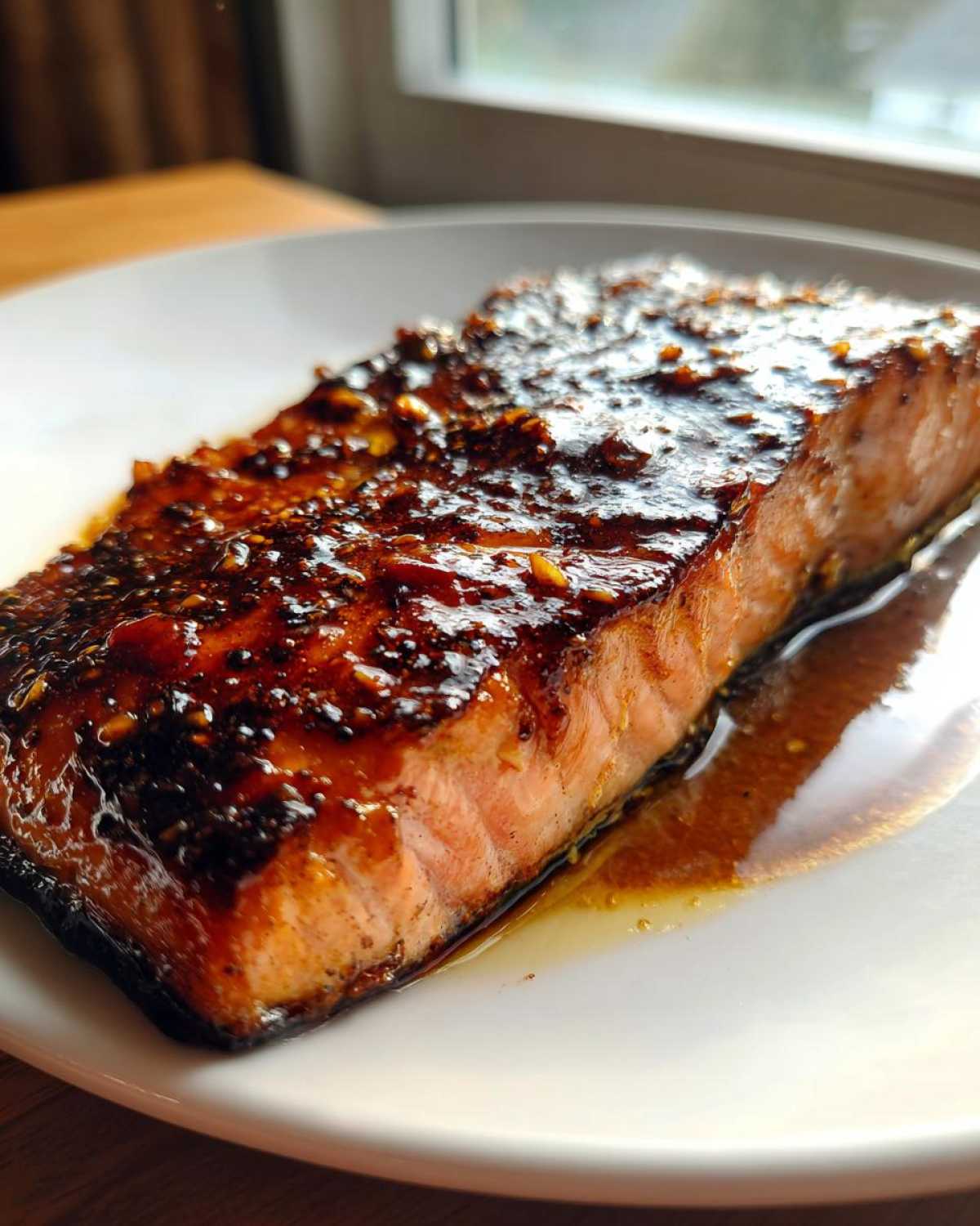 Close-up of a perfectly cooked, glazed salmon recipe fillet on a white plate with sauce.