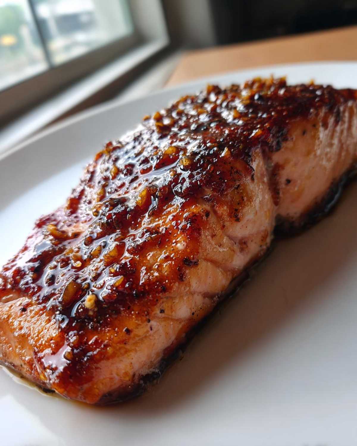 Close-up of a perfectly cooked salmon fillet with a rich, sticky glaze, ready for this amazing salmon recipe.