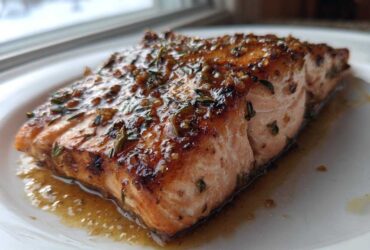 Close-up of a perfectly cooked salmon recipe fillet glazed with herbs and sauce on a white plate.