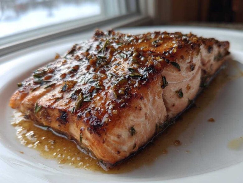 Close-up of a perfectly cooked salmon recipe fillet glazed with herbs and sauce on a white plate.