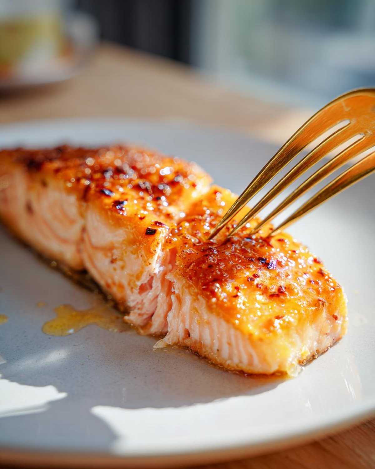 Close-up of a perfectly cooked, glazed salmon fillet being tested for flakiness with a gold fork on a white plate.