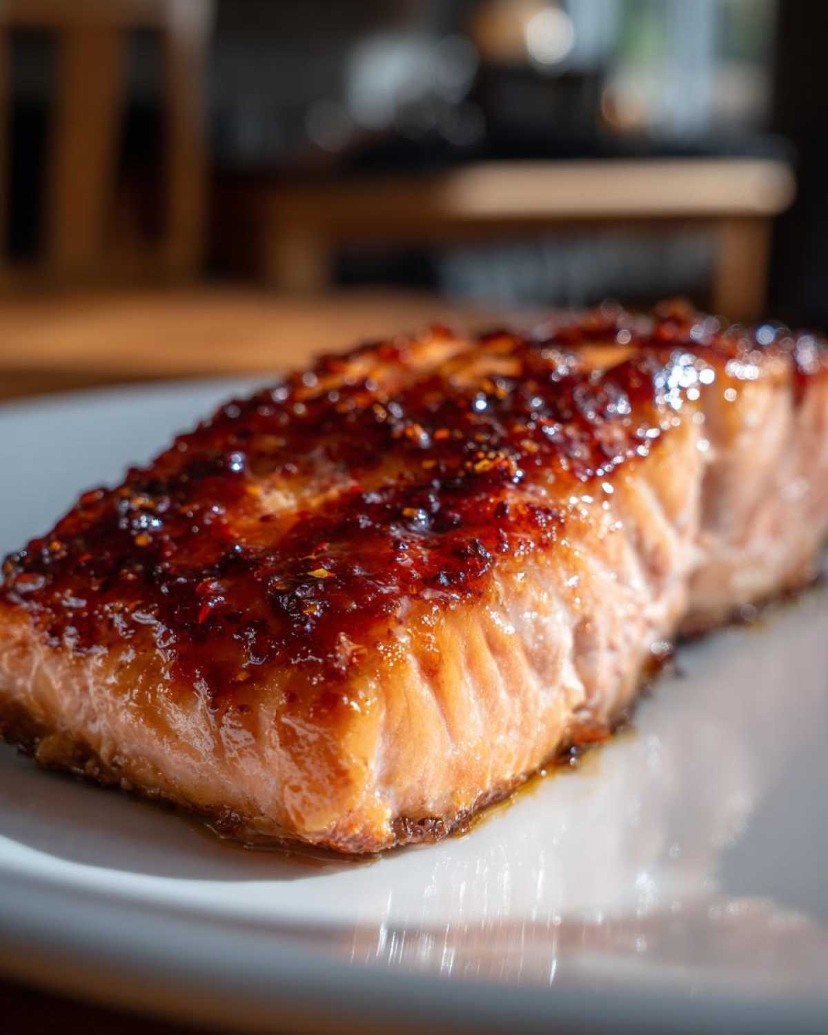Close-up of a perfectly cooked salmon fillet with a dark, sweet and spicy glaze, ready to eat.
