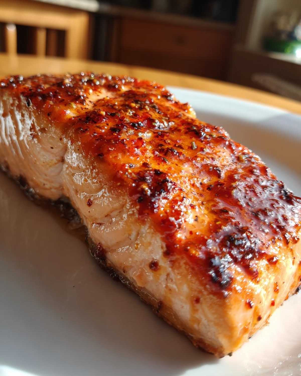 Close-up of a perfectly cooked, glazed salmon fillet seasoned with spices, ready to eat.