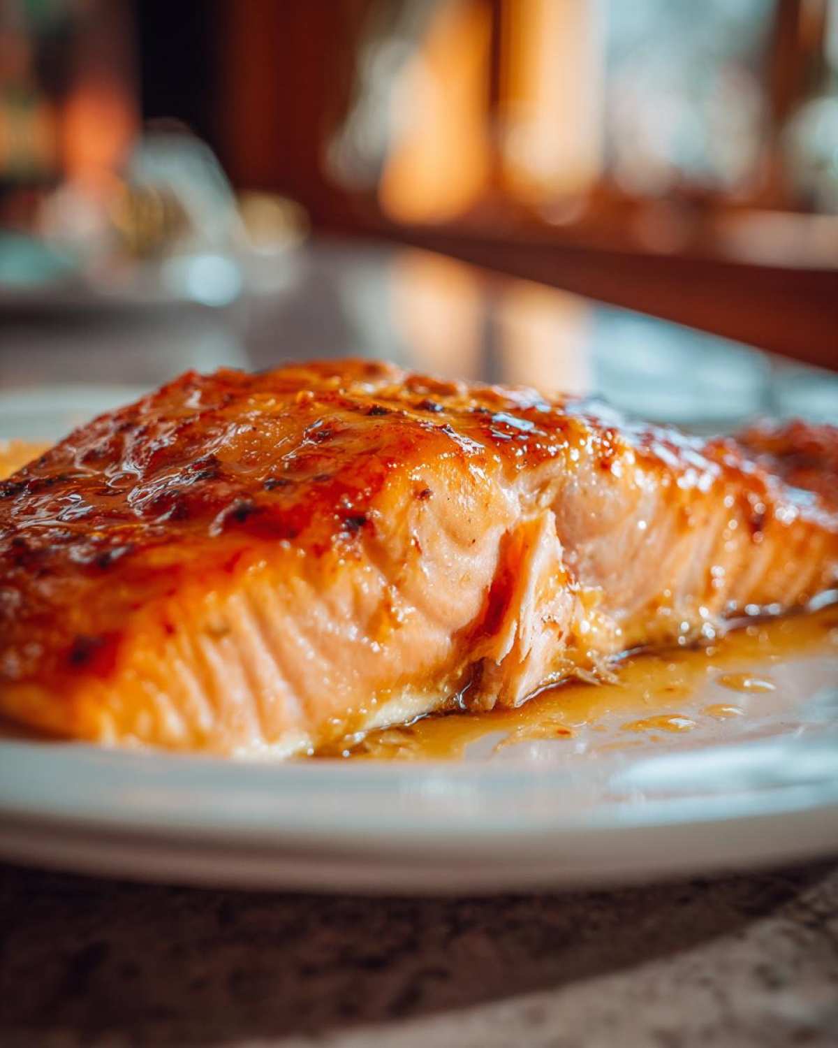 Close-up of a perfectly cooked, glazed salmon fillet resting in its juices on a white plate.