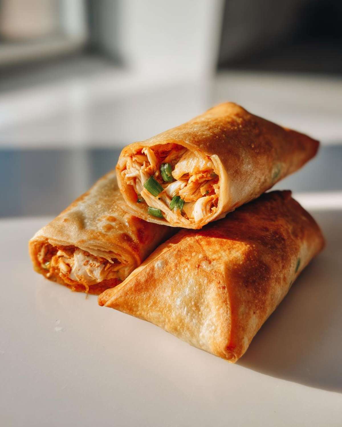 Three golden-brown baked Chimichangas stacked, one cut open revealing shredded chicken filling and green onions.