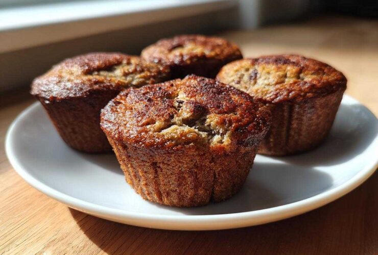 Four freshly baked banana protein muffins with golden-brown tops resting on a white plate near a window.