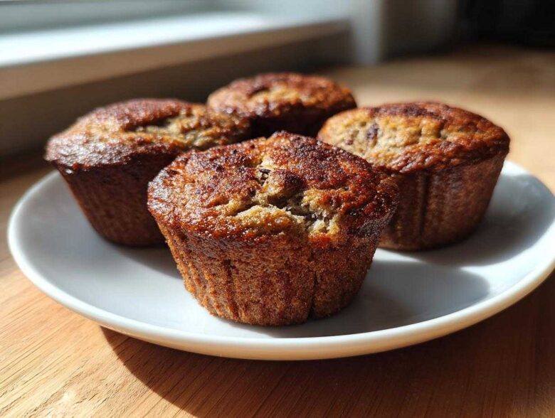 Four freshly baked banana protein muffins with golden-brown tops resting on a white plate near a window.