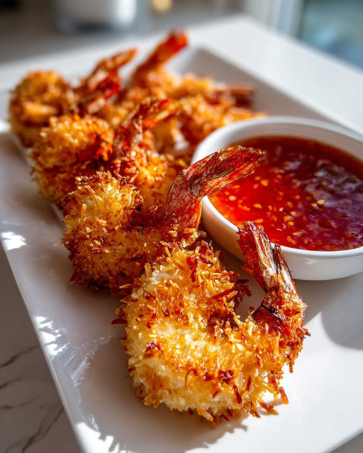 Close-up of crispy, golden baked coconut shrimp served on a white platter next to a bowl of sweet chili sauce.