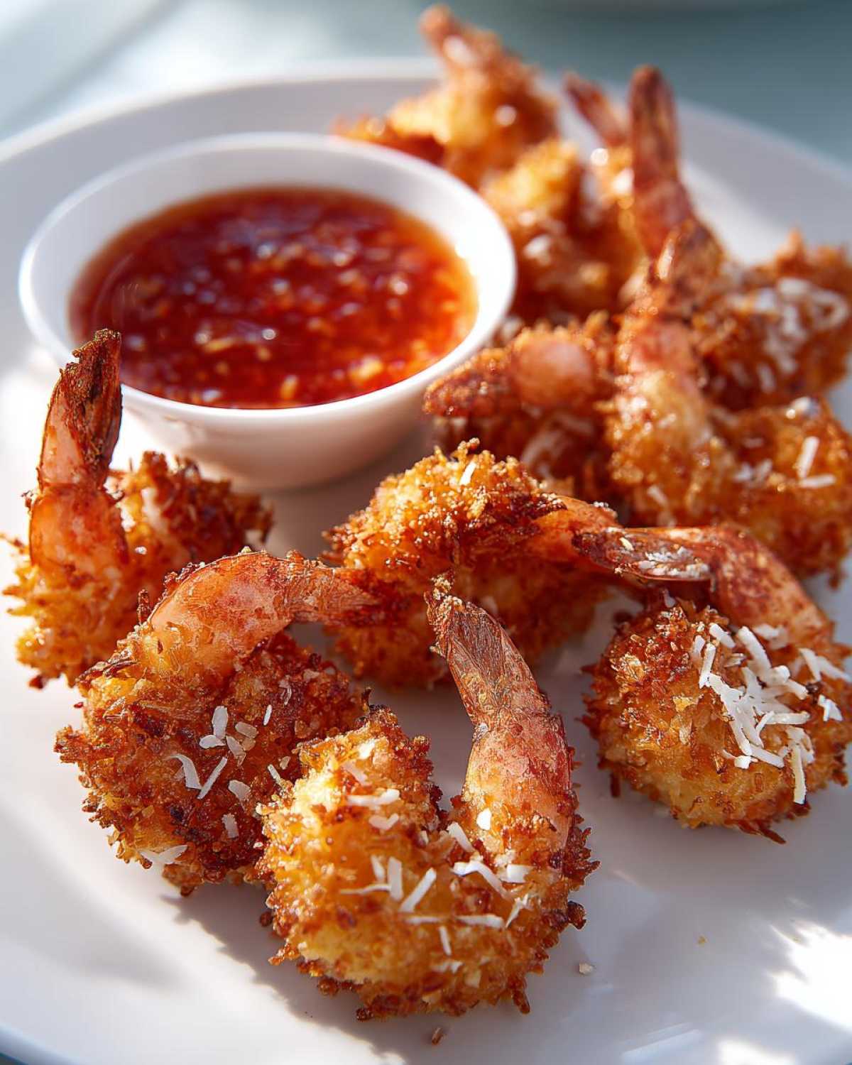 A platter of perfectly golden brown coconut shrimp served with a small bowl of sweet chili dipping sauce.