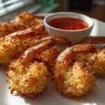 A plate of crispy, golden brown coconut shrimp served with a side of sweet chili dipping sauce.