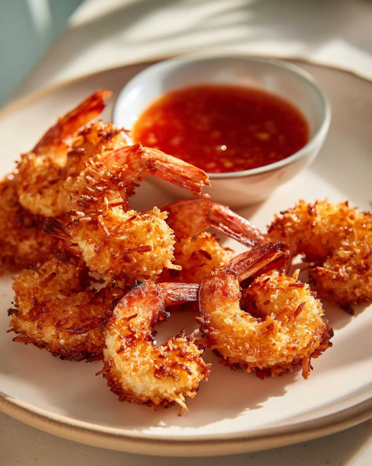 A plate of perfectly baked coconut shrimp served with a side of sweet chili dipping sauce.