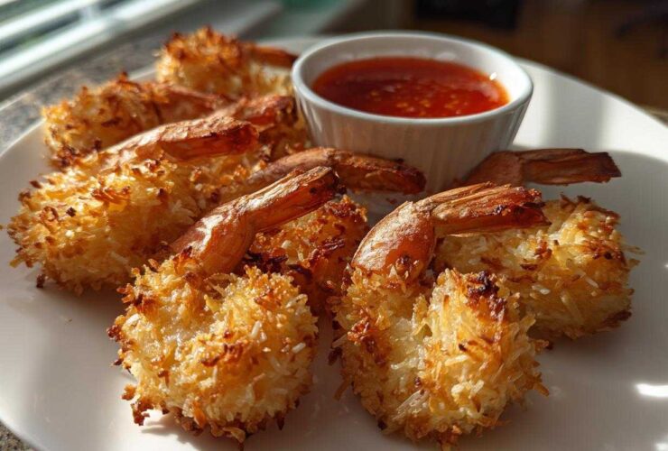 A plate of crispy, golden brown coconut shrimp served with a side of sweet chili dipping sauce.