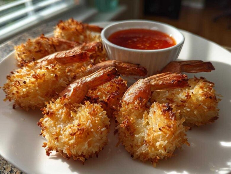A plate of crispy, golden brown coconut shrimp served with a side of sweet chili dipping sauce.
