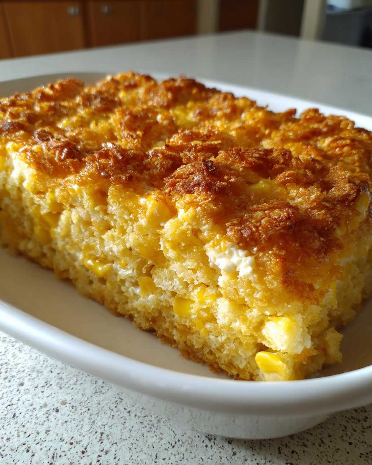 A close-up of a golden brown baked slice of cream cheese corn casserole showing corn kernels and a crispy top.