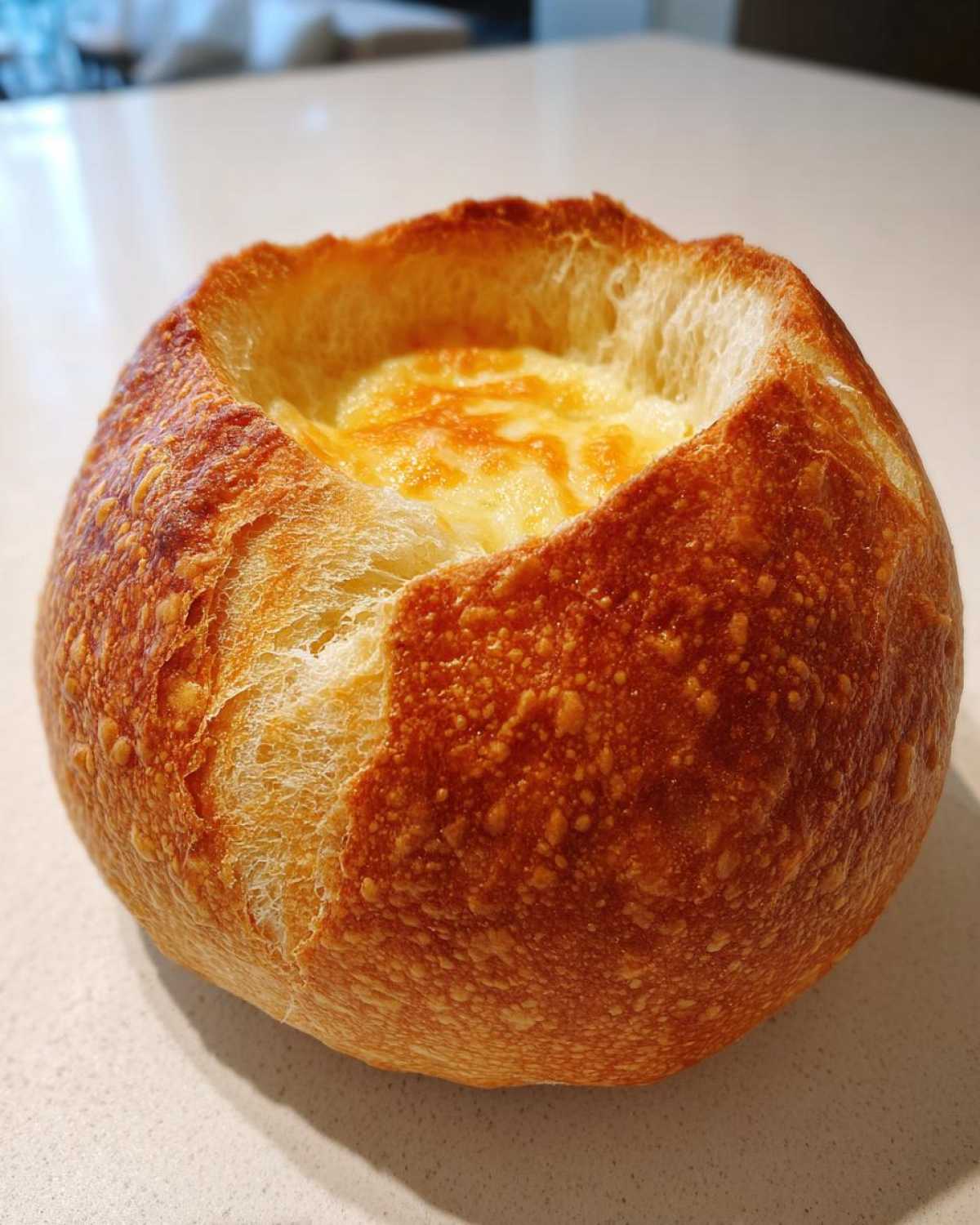 A freshly baked, round bread bowl with a deep golden, crusty exterior, filled with bubbling, melted cheese.