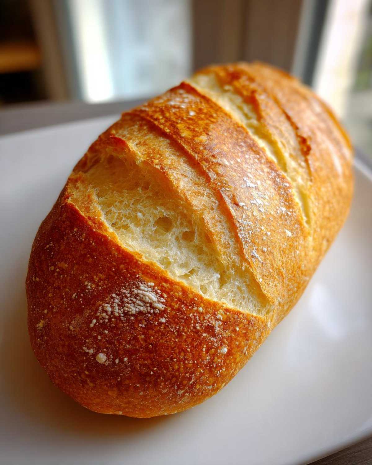 A golden-brown, freshly baked loaf of French bread resting on a white plate.