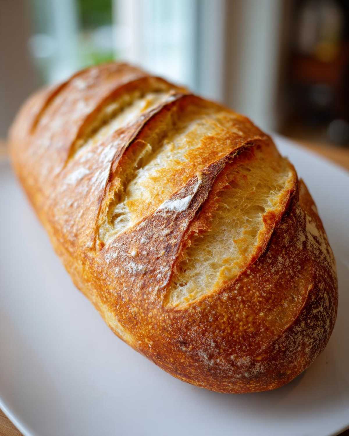 Close-up of a freshly baked, golden-brown French bread loaf with deep scores on a white plate.