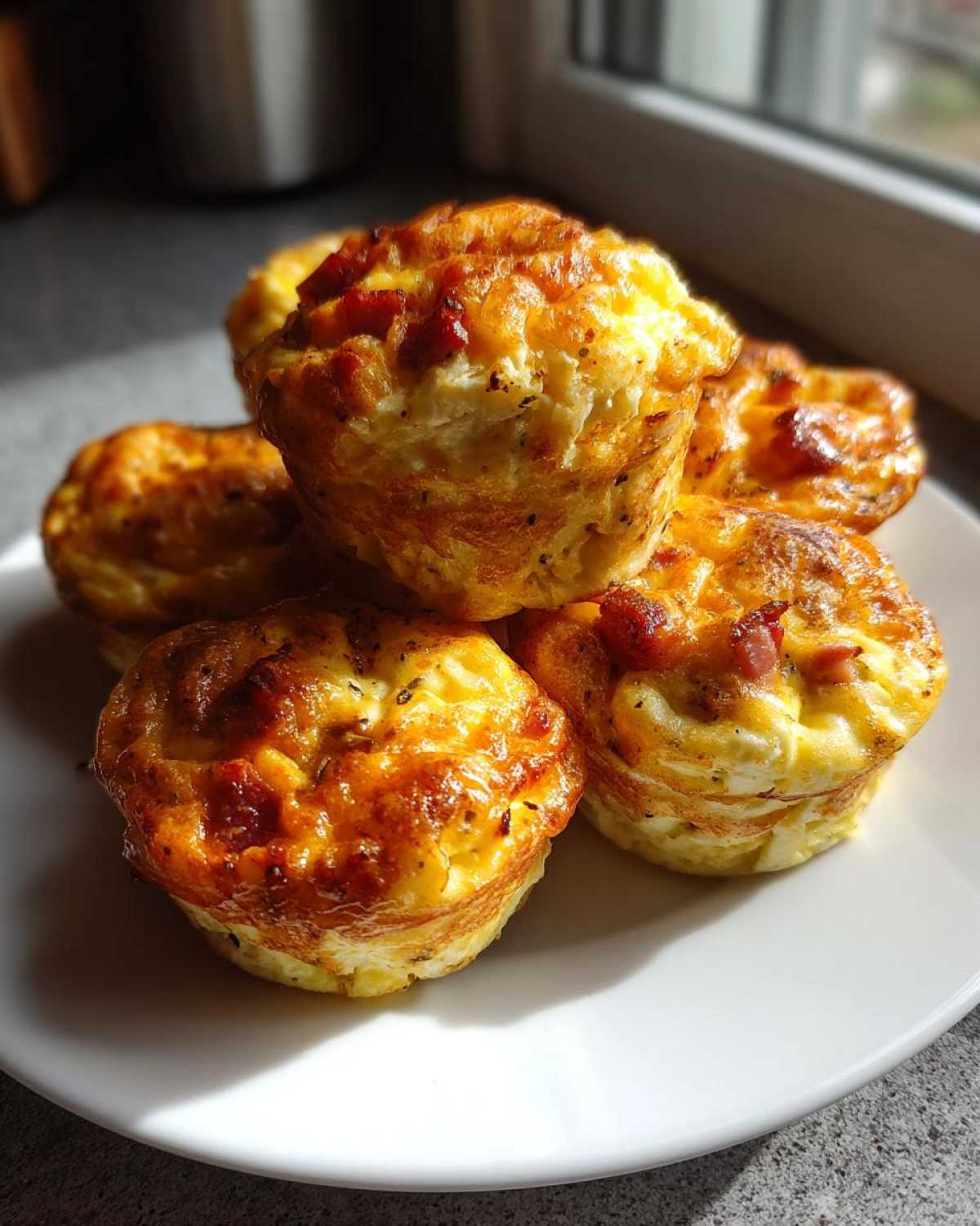 A stack of freshly baked, golden brown egg bites with visible bacon pieces, served on a white plate.