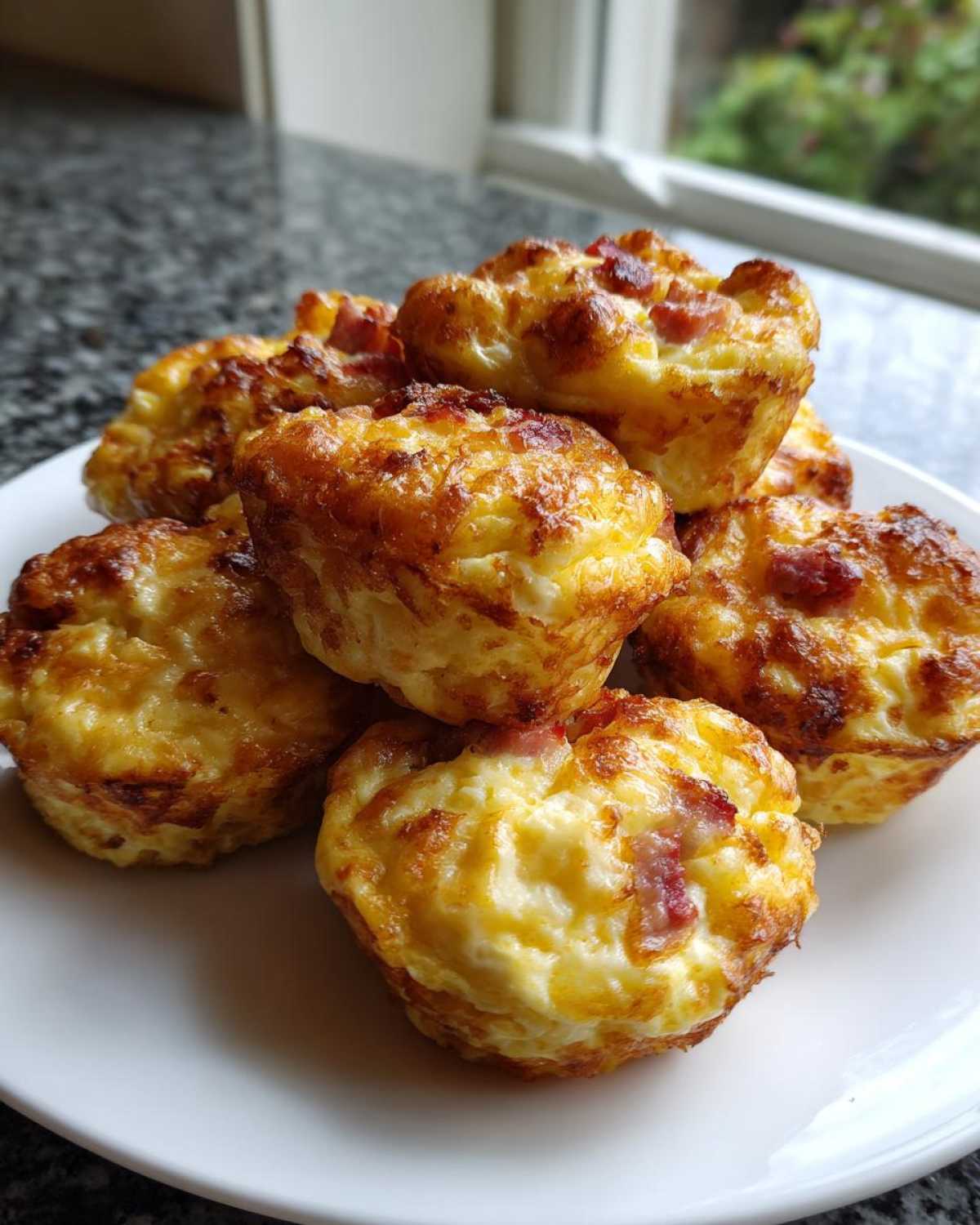 A stack of freshly baked, golden brown egg bites with visible pieces of bacon on a white plate.