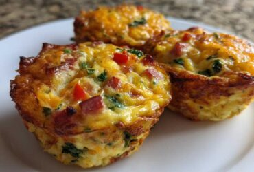 Close-up of three freshly baked Egg Muffin Cups filled with ham, cheese, and peppers on a white plate.