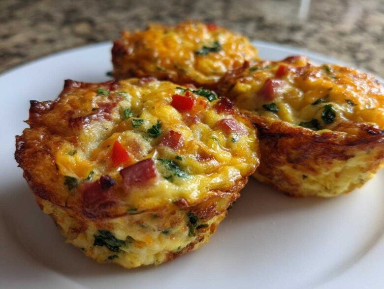 Close-up of three freshly baked Egg Muffin Cups filled with ham, cheese, and peppers on a white plate.