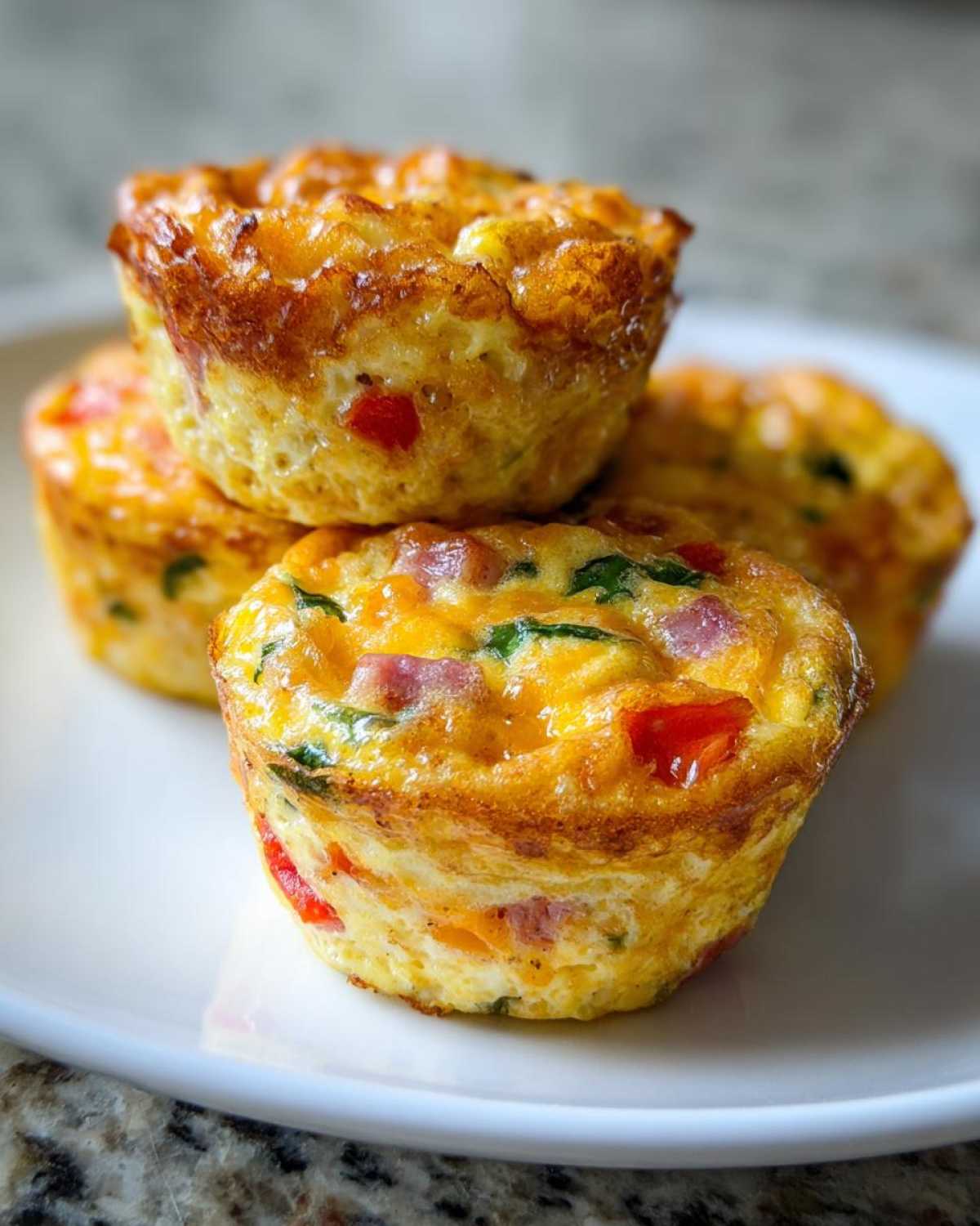Close-up of four golden brown Egg Muffin Cups filled with ham, peppers, and spinach stacked on a white plate.