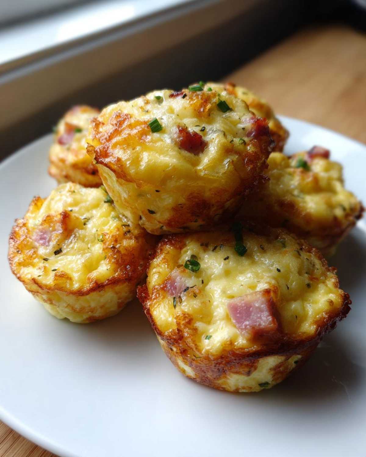 A stack of golden brown, savory egg bites with visible ham pieces and chives, ready to eat.