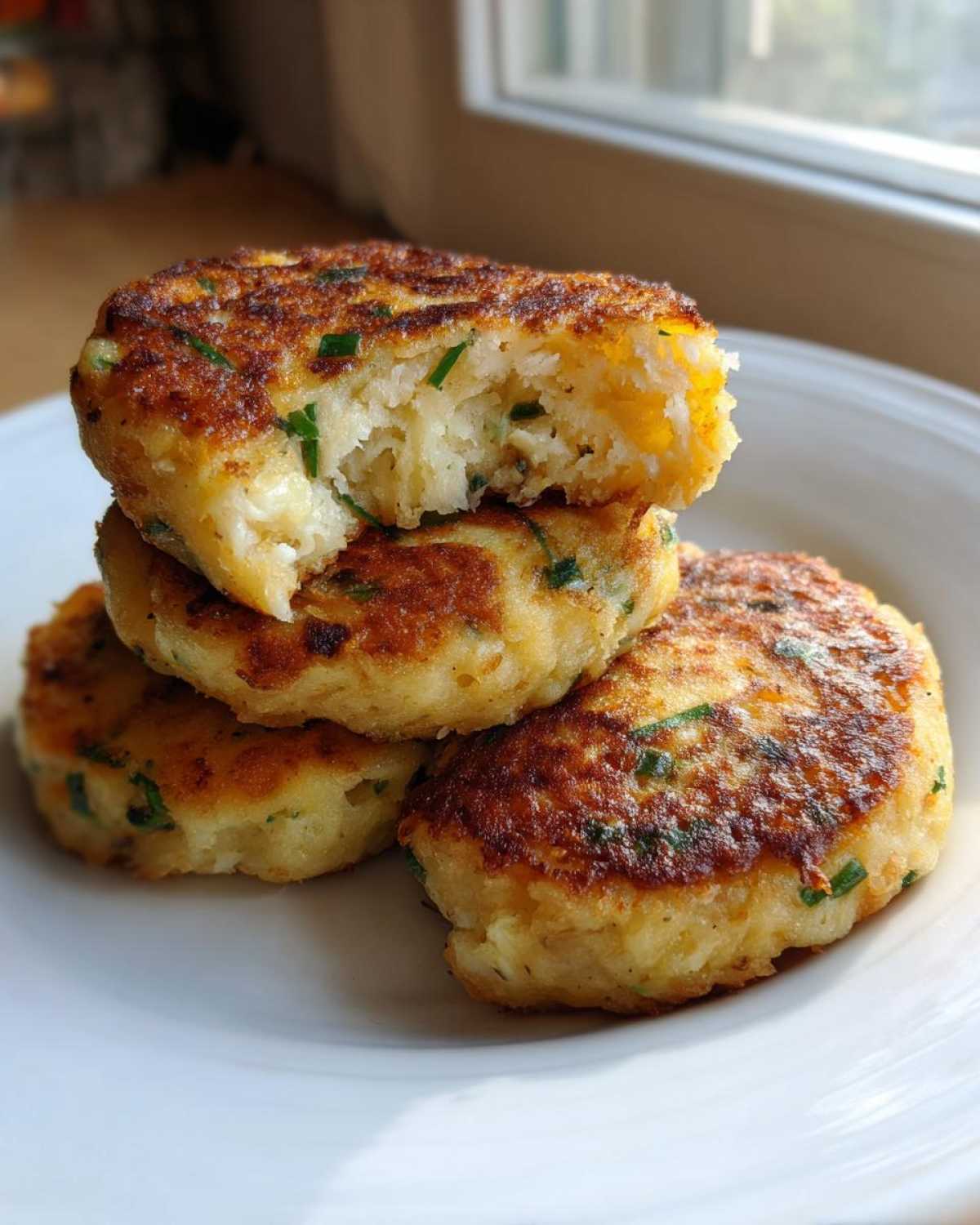 A stack of four golden brown, pan-fried mashed potato cakes, one broken open to show the fluffy interior.