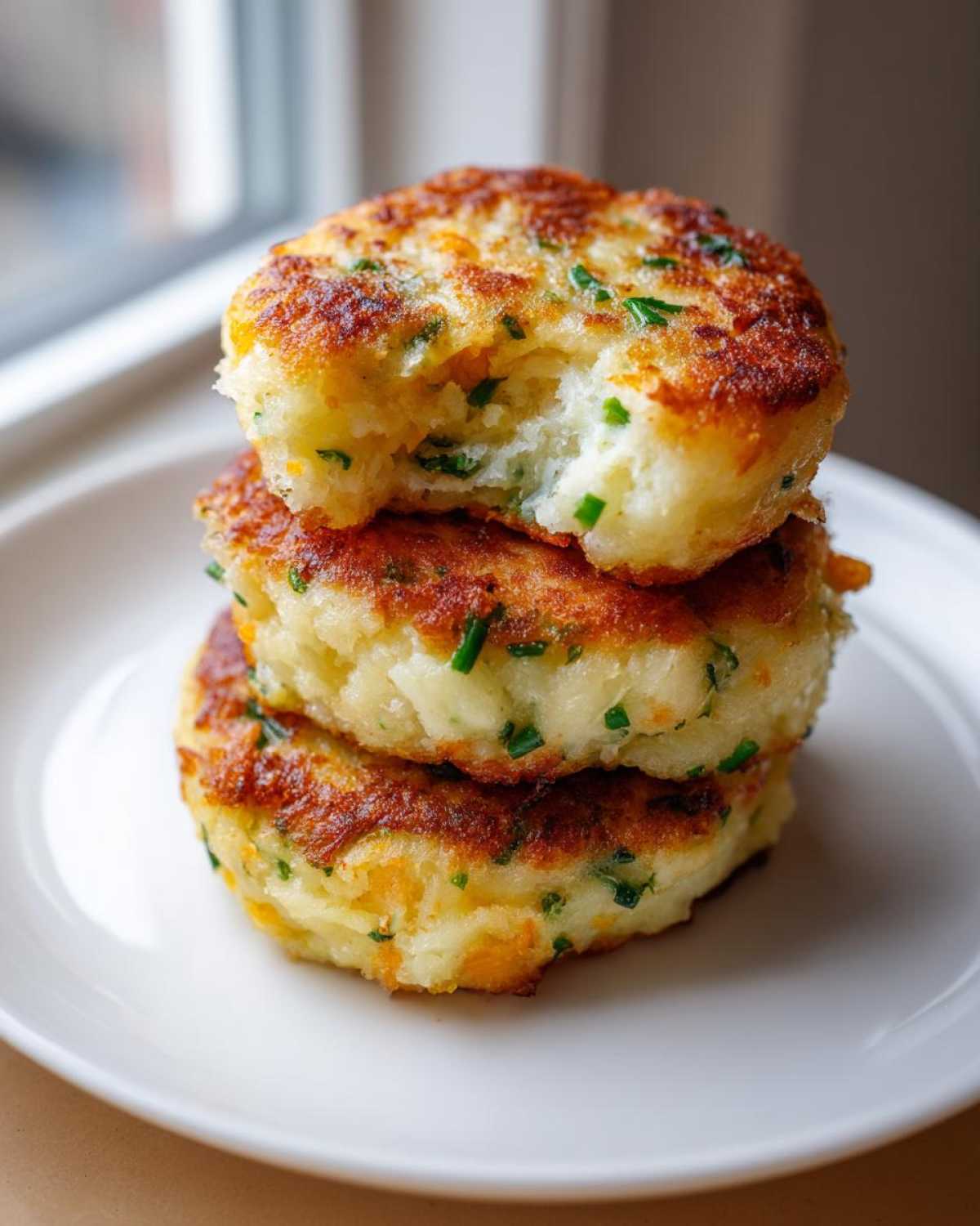 A stack of three golden brown, pan-fried mashed potato cakes with visible chives, one on top has a bite taken out.
