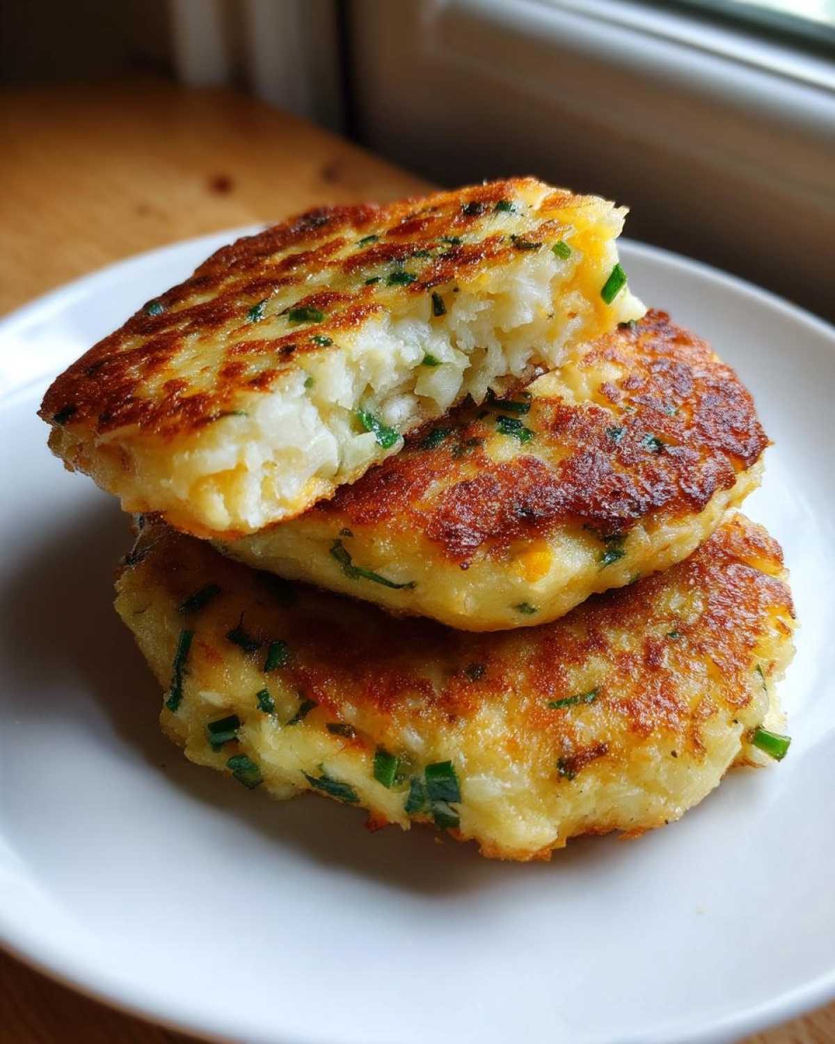 A stack of three golden brown mashed potato cakes, one cut open to show the fluffy interior and chives.
